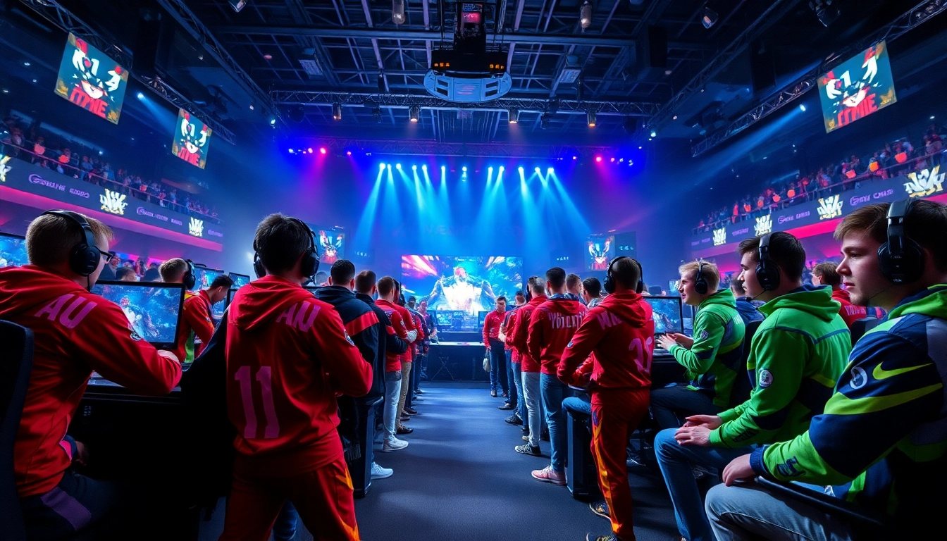 Liên Minh KJC team strategizing during an intense esports match in a high-tech arena, showcasing competitive gaming action.