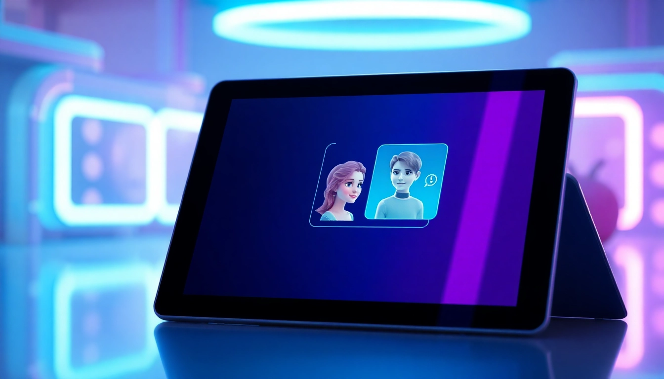 Futuristic AI chatbot interface with holographic characters on a sleek device in a neon-lit environment.