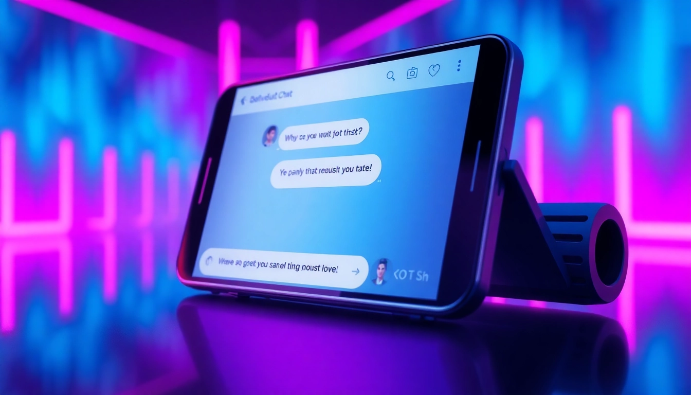 Futuristic AI chat interface on a sleek device screen with neon cyberpunk background.