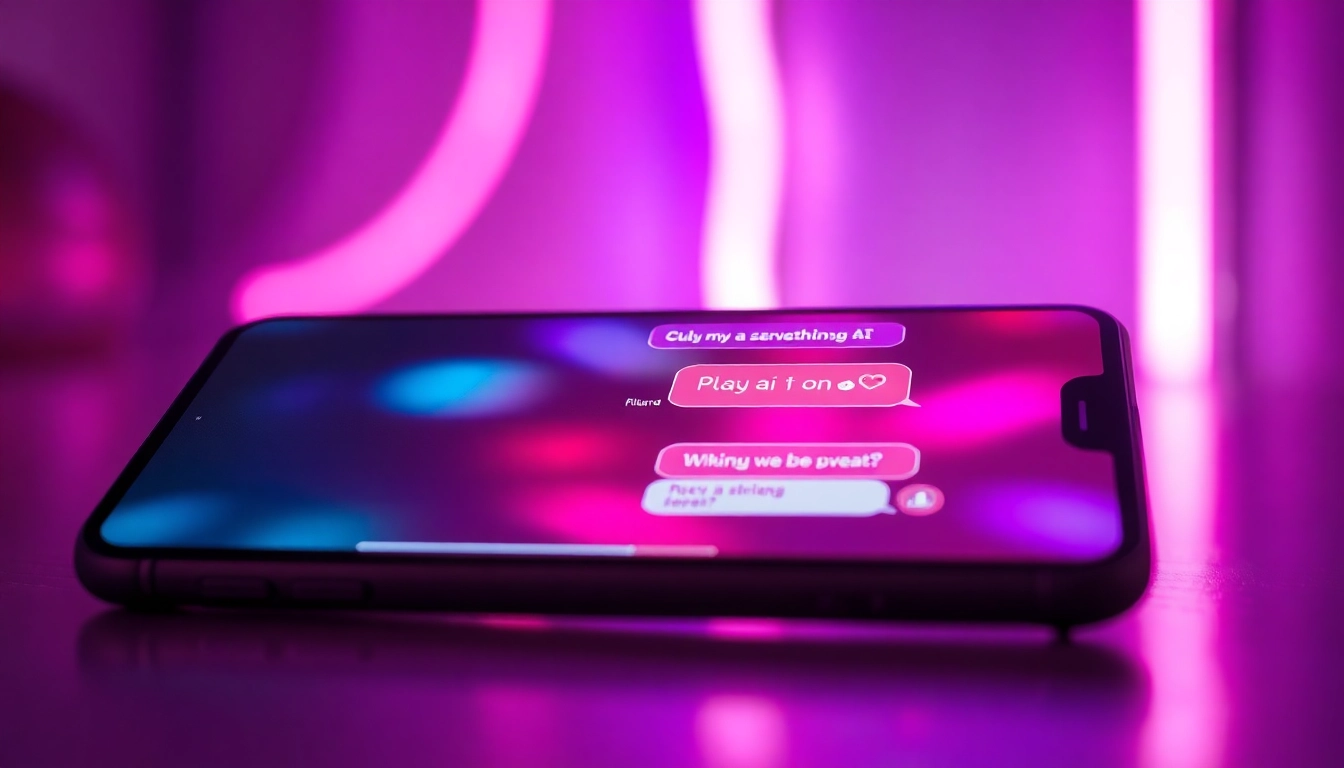 Close-up of a smartphone displaying a colorful, futuristic chat interface with neon lighting, evoking a sensual and high-tech atmosphere.