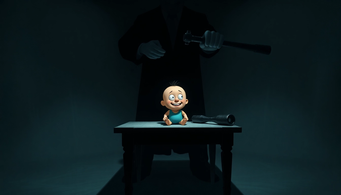 A disturbing scene of Harvey with a worried expression as a shadowy figure prepares to use a large tool, in a dark, tense setting.