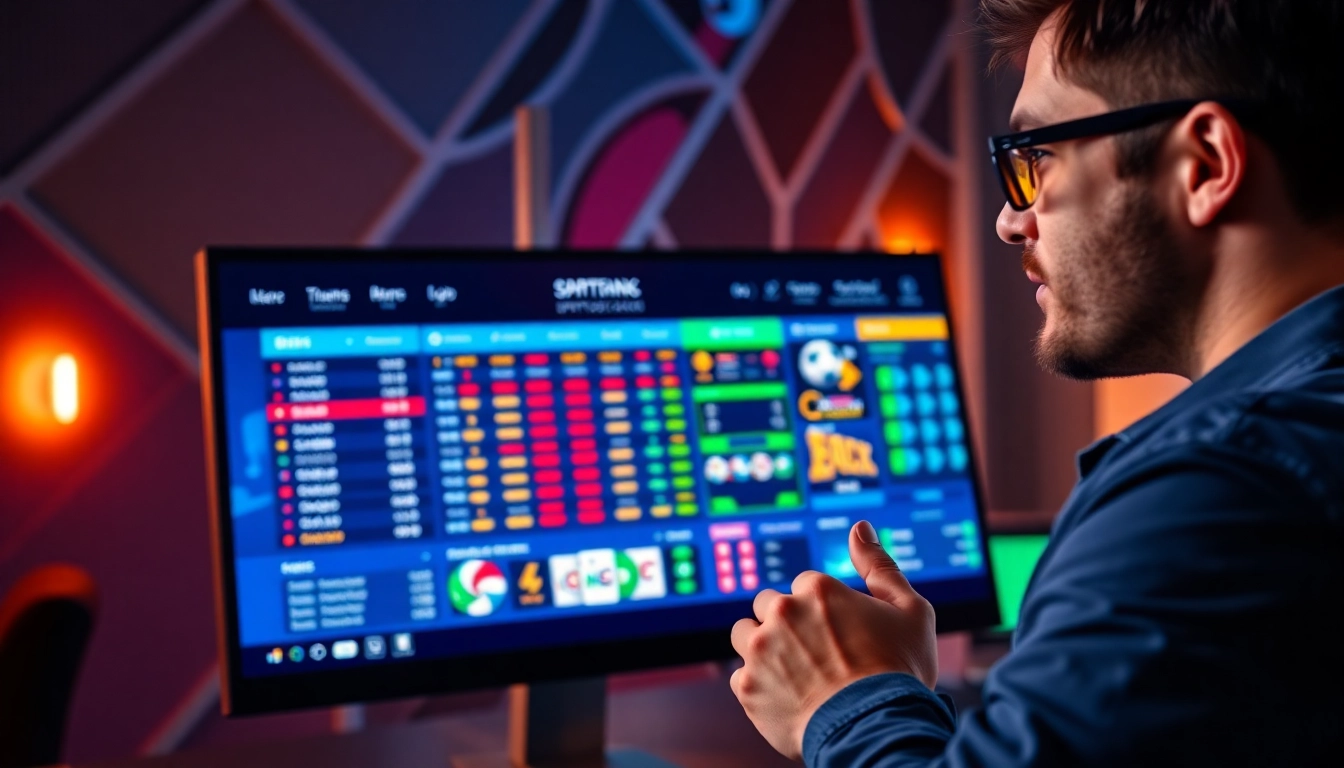 A person using an online sportsbook and casino platform on a computer with colorful betting odds and sports icons.