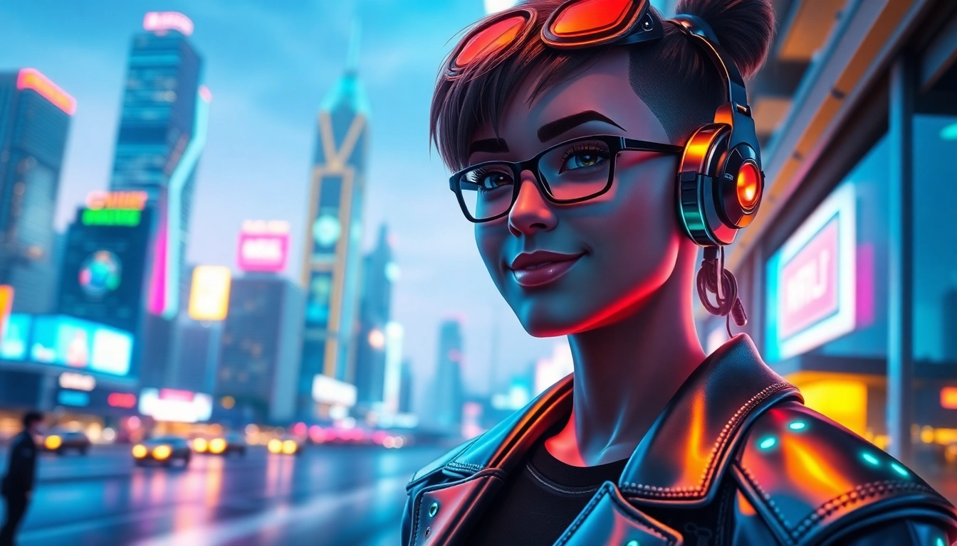 Futuristic AI character in a neon-lit cityscape at dusk, with cyberpunk aesthetics and vibrant colors.
