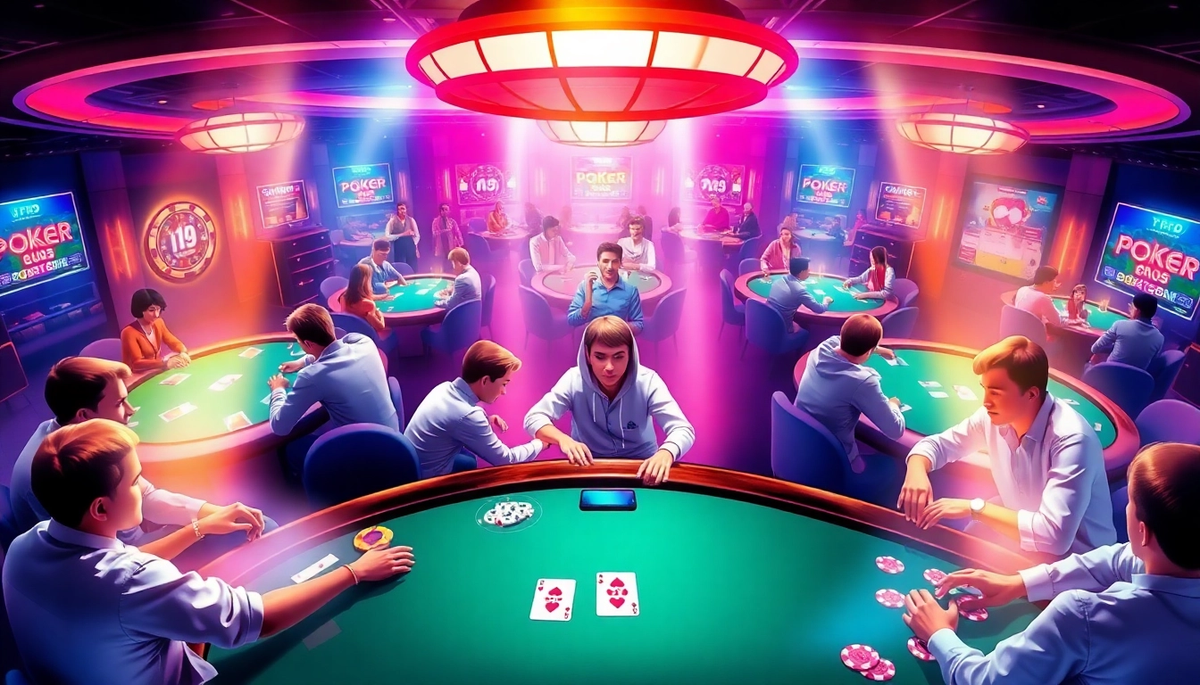 High-energy poker scene showcasing Pokerbros clubs with multiple tables and enthusiastic players enjoying online poker action.