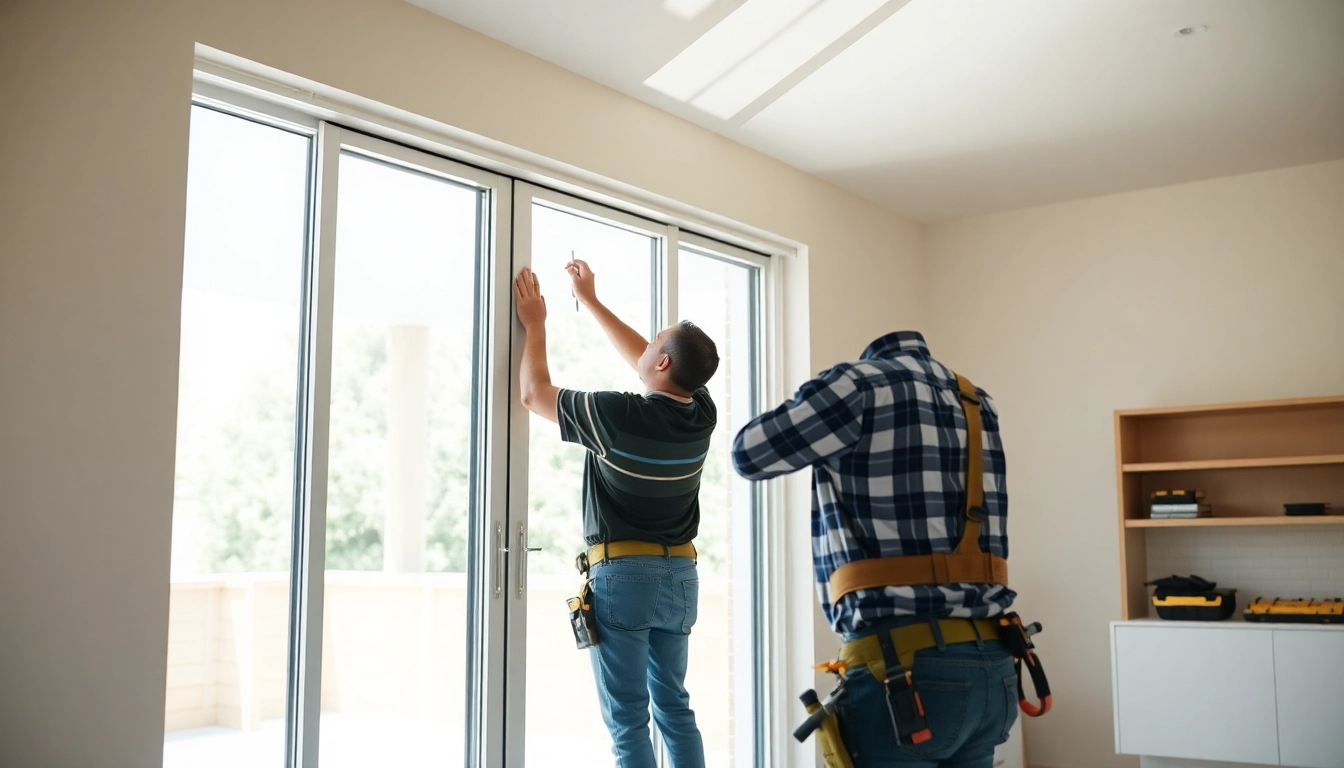 Replace a sliding glass door: worker installing a new door with secure frame and weather seal.