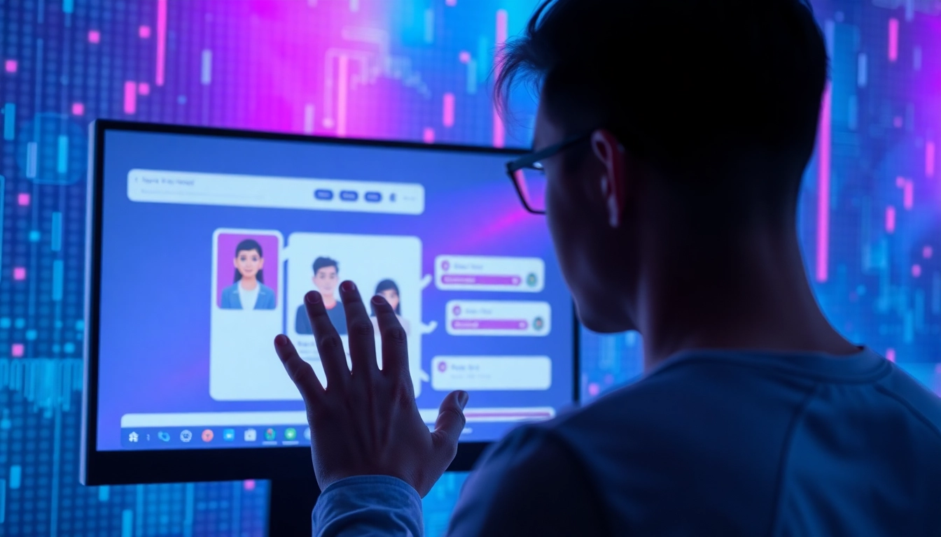 Futuristic digital interface of an AI chatbot platform with neon accents and user interaction