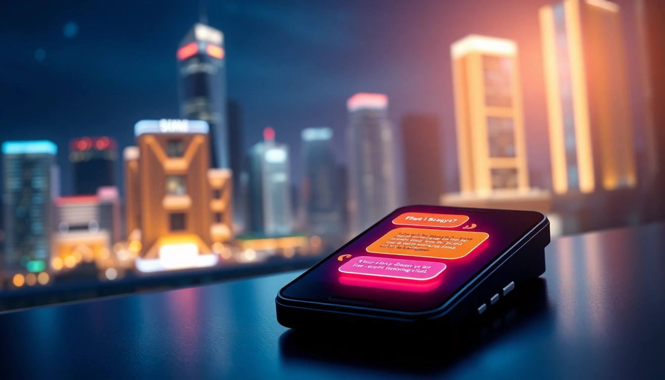 Futuristic digital chat interface on a mobile device with neon colors and a cityscape background