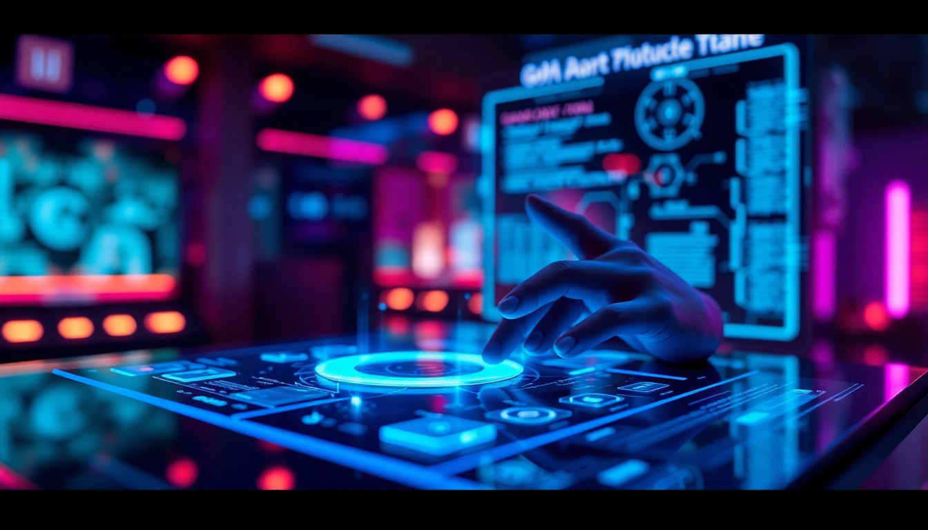 Futuristic digital interface with holographic controls and neon accents, representing advanced AI technology.