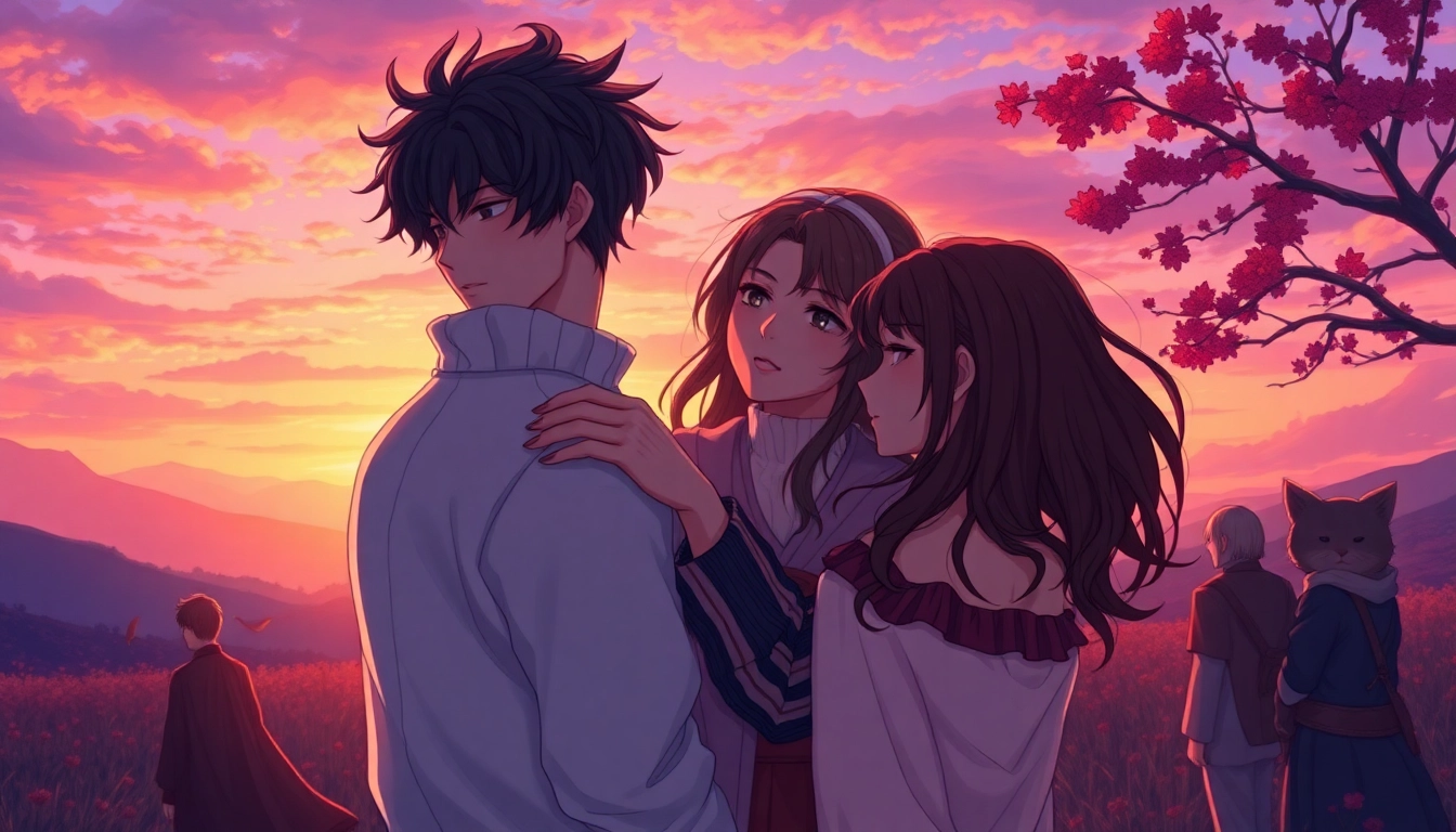 Illustration of two characters representing alpha and omega traits in a lush twilight landscape, conveying intimacy and mystery.