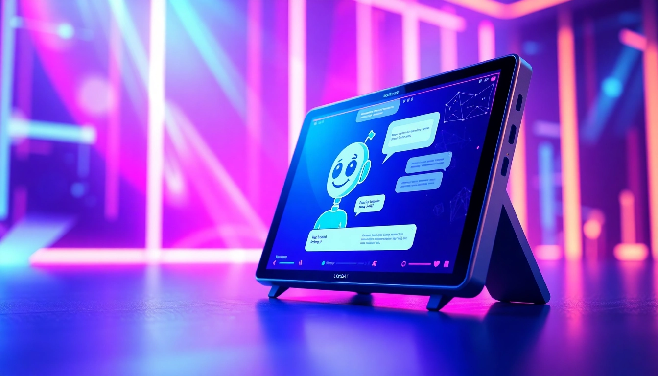 Futuristic AI chatbot interface on a digital screen with neon lights and expressive virtual character
