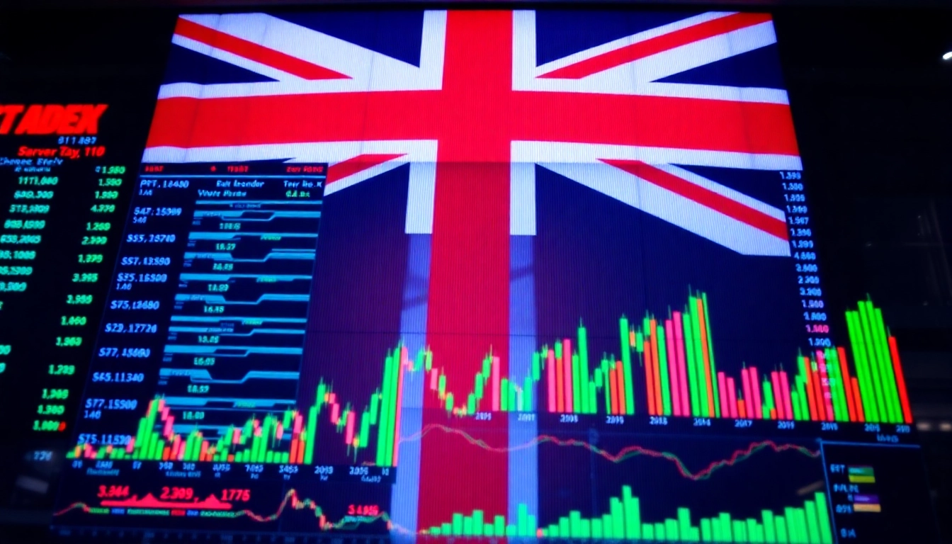 Up-to-date UK Stock Market News headlines displayed on digital screens with financial charts