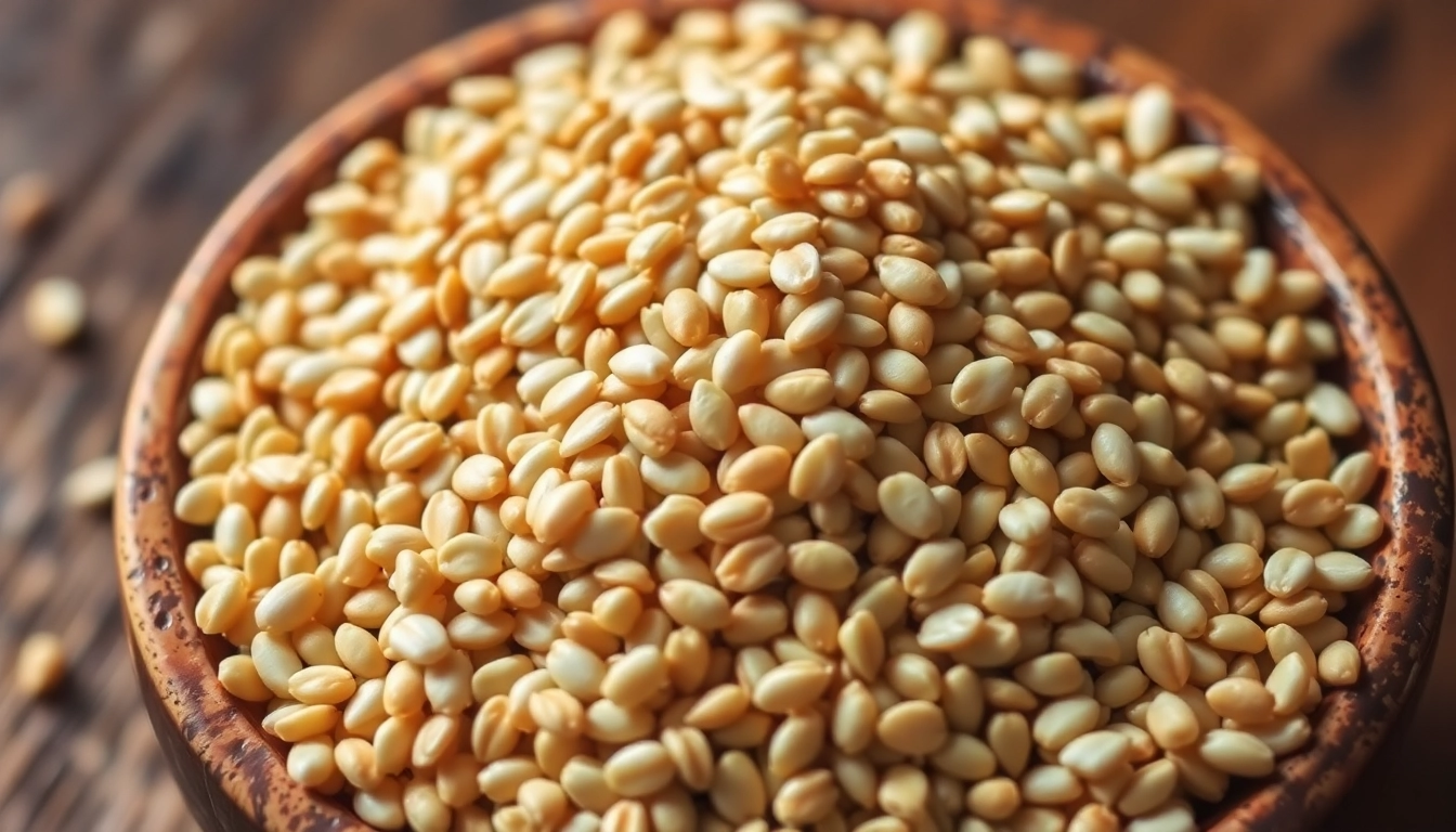 High-quality sesame seeds spilled on a wooden surface for cooking and health benefits